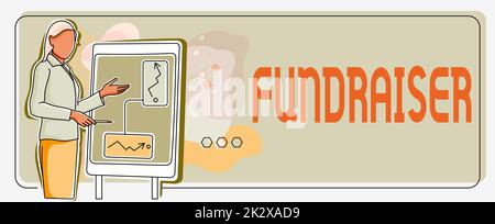 Text sign showing Fundraiser. Word Written on person whose job or task is seek financial support for charity Lady standing front backdrop holding presentation achieving project goals. Stock Photo