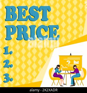 Hand writing sign Best Price. Conceptual photo Buyer or seller can obtain something for a product sold or buy Colleagues Sitting On Desk With Laptop Papers Showing Graphs Conversation Stock Photo