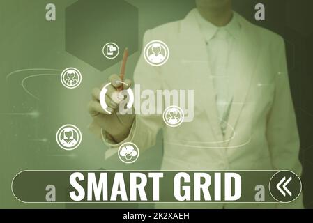 Sign displaying Smart Grid. Word for includes of operational and energy measures including meters Lady in suit holding pen symbolizing successful teamwork accomplishments. Stock Photo