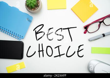 Conceptual caption Best Choice. Word Written on act of picking or deciding between two or more possibilities Flashy School Office Supplies, Teaching Learning Collections, Writing Tools Stock Photo