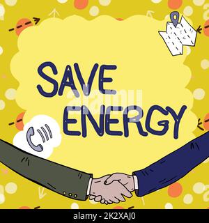 Conceptual caption Save Energy. Concept meaning decreasing the amount of power used achieving a similar outcome Empty frame decorated with communication symbols represent business meeting Stock Photo