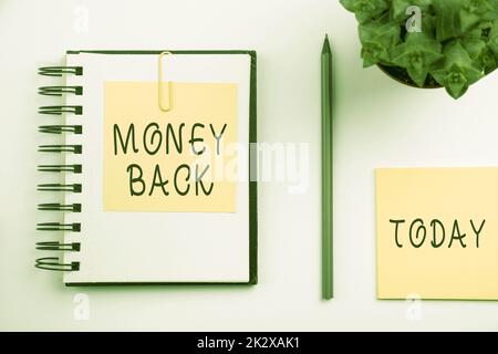 Sign displaying Money Back. Word for get what you paid in return for defect or problem in product Flashy School Office Supplies, Teaching Learning Collections, Writing Tools Stock Photo