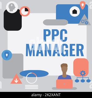 Hand writing sign Ppc Manager. Business overview which advertisers pay fee each time one of their ads is clicked Man Sitting On Desk Working And Presenting New Technologies. Stock Photo