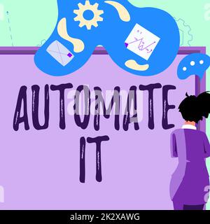 Text sign showing Automate It. Business approach convert process or facility to be operated automatic equipment. Businesswoman presenting business proposal and updates on board. Stock Photo