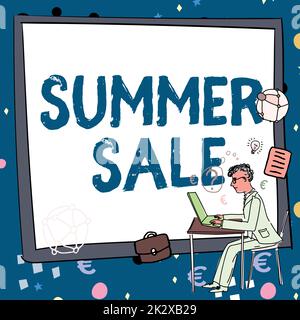 Text caption presenting Summer Sale. Concept meaning Annual discount events that takes place during summer season Man working on computer representing successful business strategy creation. Stock Photo