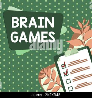Sign displaying Brain Games. Word for psychological tactic to manipulate or intimidate with opponent Clipboard Drawing With Checklist Marked Done Items On List. Stock Photo