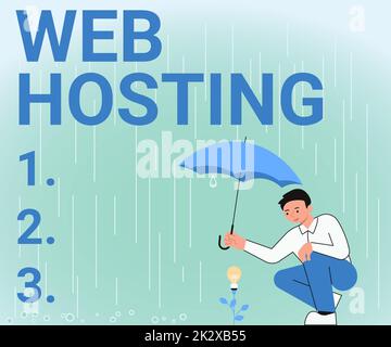 Conceptual display Web Hosting. Conceptual photo The activity of providing storage space and access for websites Gentleman Holding Umbrella Growing Flower Presenting Newest Project Ideas. Stock Photo