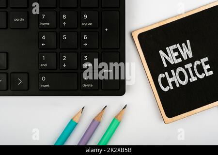 Writing displaying text New Choice. Word for having lot of options and adding another one to choose between Computer Keyboard And Symbol.Information Medium For Communication. Stock Photo