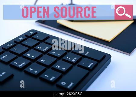 Text showing inspiration Open Source. Concept meaning denoting software which original source code freely available Computer Keyboard And Symbol.Information Medium For Communication. Stock Photo