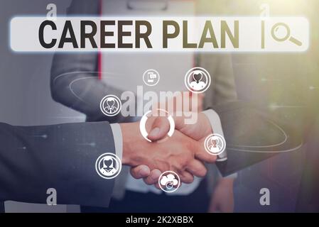 Text sign showing Career Plan. Business approach ongoing process where you Explore your interests and abilities Colleagues shaking hands congratulating successful teamwork. Stock Photo