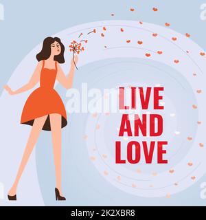 Text caption presenting LIVE AND LOVE. Business showcase Couple in love living with each other Woman blowing bunch of flowers displaying peaceful romantic nature. Stock Photo