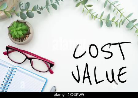 Conceptual display Cost Value. Concept meaning The amount that usualy paid for a item you buy or hiring a person Flashy School Office Supplies, Teaching Learning Collections, Writing Tools Stock Photo