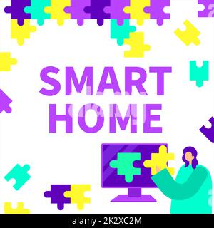 Hand writing sign Smart Home. Business approach automation system control lighting climate entertainment systems Lady Holding Puzzle Piece Representing Innovative Problem Solving Ideas. Stock Photo