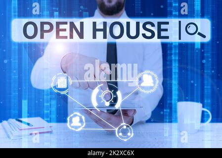 Writing displaying text Open House. Business overview you can come whatever whenever want Make yourself at home Businessman pointing down tablet represents global innovative thinking. Stock Photo