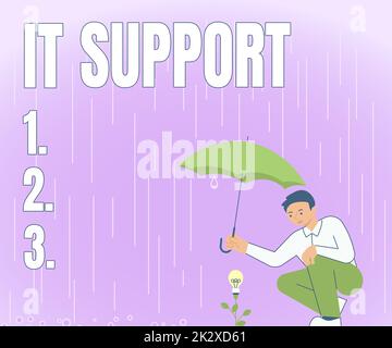 Hand writing sign It Support. Business approach Lending help about information technologies and relative issues Gentleman Holding Umbrella Growing Flower Presenting Newest Project Ideas. Stock Photo