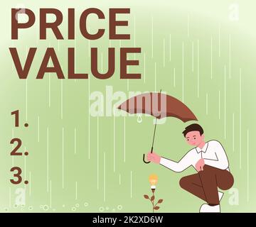 Conceptual display Price Value. Word Written on strategy which sets cost primarily but not exclusively Gentleman Holding Umbrella Growing Flower Presenting Newest Project Ideas. Stock Photo