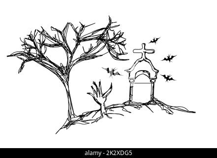 Zombies hand emerging out of the ground in a graveyard - doodles Stock Photo