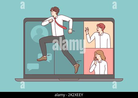 Man running away from remote meeting Stock Photo