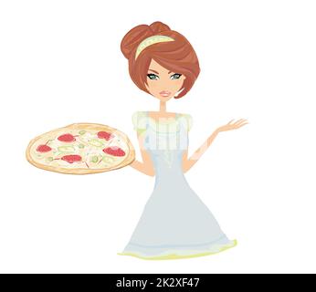 sweet girl waitress serving pizza Stock Photo