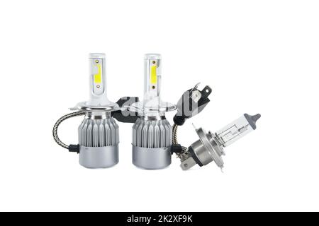 H4 halogen lamp and LED headlight bulbs on white Stock Photo