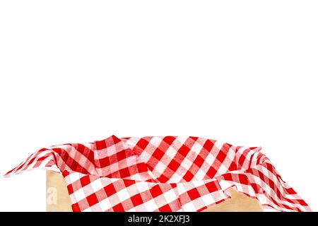 Empty picnic basket. Close-up of a empty straw basket therein a red checkered napkin isolated on a white background. For your food and product display montage. Macro. Stock Photo