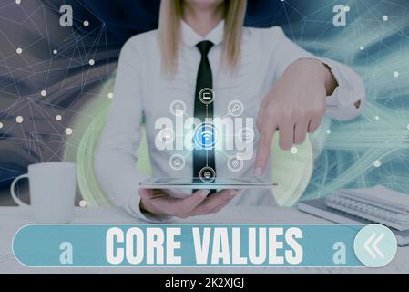 Conceptual caption Core Values. Concept meaning belief person or organization views as being importance Lady Pressing Screen Of Mobile Phone Showing The Futuristic Technology Stock Photo