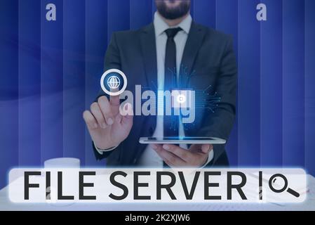 Sign displaying File Server. Business approach device which controls access to separately stored data Man holding Screen Of Mobile Phone Showing The Futuristic Technology. Stock Photo