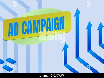 Conceptual caption Ad Campaign. Business overview promotion of specific product or service through internet Arrow system pointing upwards symbolizing successful project completion. Stock Photo