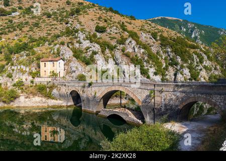Lake San Domenico with Eremo di San Domenico near Scanno, Province of L'Aquila, region of Abruzzo, Italy Stock Photo