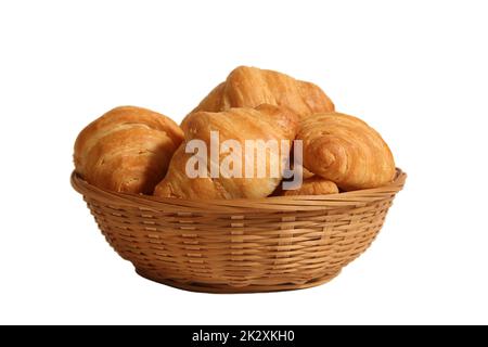 Basket of Fresh Baked Croissant Rolls Isolated on White Background Stock Photo