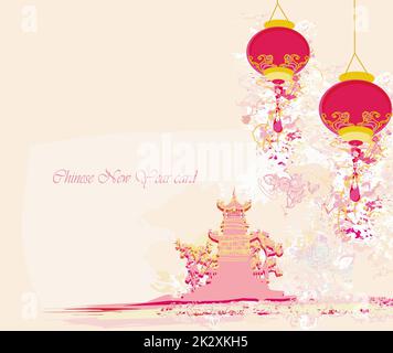 Chinese New Year card - Traditional lanterns and Asian buildings Stock Photo