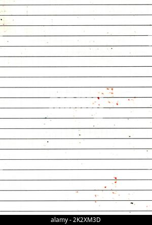 High resolution large image of used, worn out line graph paper texture background scan with color stain spots from writing with markers, weathered old school paper wallpaper with copy space for text Stock Photo
