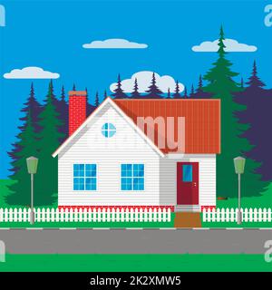 Village house near the forest. Vector illustration. Stock Vector