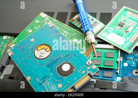 Repairing and upgrade circuit mainboard of notebook, electronic, computer hardware and technology concept. Stock Photo