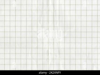 High resolution large image of a white uncoated checkered graph paper scan wrinkled weathered old thin textbook paper with gray checkers copy space for text for presentation high quality wallpaper Stock Photo