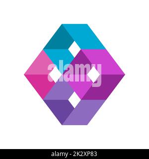 Colorful 3D object made of 4 frames. Geometric rectangular figure. Hexagon isometric shape made of cubes. Creativity business logo design idea. Vector Stock Vector