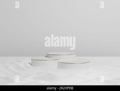 White, light gray, black and white 3D rendering minimal product display three luxury cylinder podiums or stands, on wavy textile product photography background apstract composition with golden lines cosmetic Stock Photo