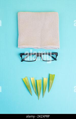 Human face of a man made with a wool hat, glasses and leaves as a beard, funny minimalist portrait, eco freak lifestyle, nerd Stock Photo