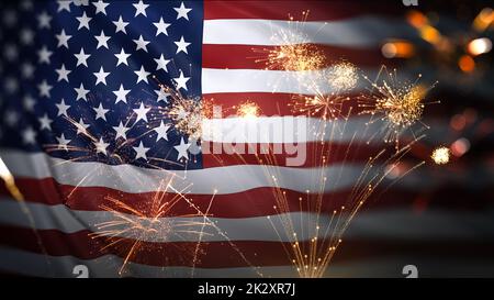 American flag waving with fireworks celebrating 4th of July Stock Photo