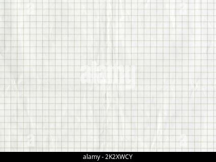High resolution large image of a white uncoated checkered graph paper scan wrinkled weathered old thin textbook paper with gray checkers copy space for text for presentation high quality wallpaper Stock Photo