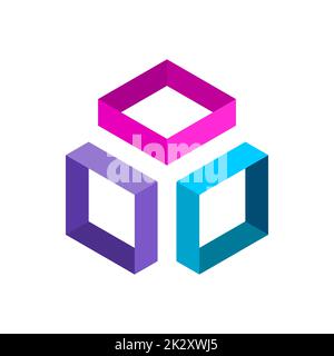 Three colorful cube frames. Business technology app logo template. Isometric 3D projection shapes. Pieces of a puzzle. Pink, blue, purple color. Stock Vector