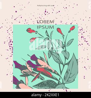 Attractively arranged bunch of pink flowers on cyan white bacground with purple splatter. Drawn fuchsia flowers, artistic vector illustration. Floral botanical trendy pattern, graphic design Stock Photo
