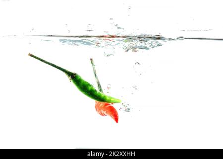 Red chilli, water splashes, solated on a white background Stock Photo