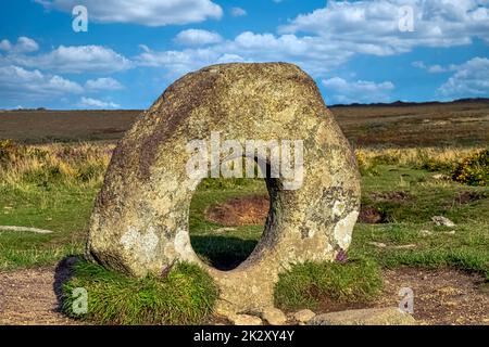 Men-an-Tol known as Men an Toll or Crick Stone - small formation of standing stones in Cornwall, United Kingdom Stock Photo