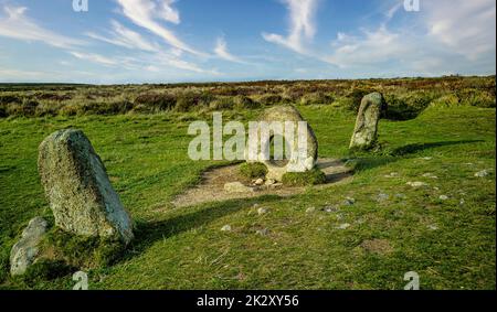 Men-an-Tol known as Men an Toll or Crick Stone - small formation of standing stones in Cornwall, United Kingdom Stock Photo