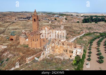 a view of the remains of the old town of Belchite, Spain, destroyed during the Spanish Civil War and abandoned from then, highlighting the San Martin de Tours church Stock Photo