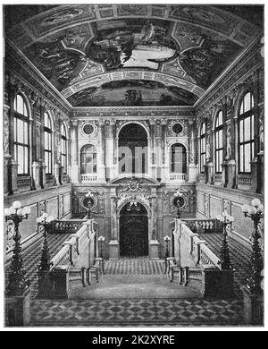 Interior of the main entrance and main staircase in Burgtheater (after 1888) in Vienna, Austria. Illustration of the 19th century. White background. Stock Photo