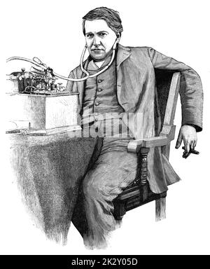 Portrait of Thomas Alva Edison - an American inventor and businessman who has been described as America's greatest inventor. Illustration of the 19th century. Germany. White background. Stock Photo