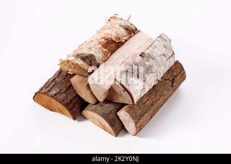 Assorted cut tree trunks placed on white background Stock Photo