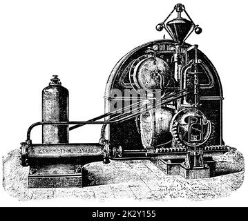 Cutaway water turbine by a French hydraulic engineer Louis Dominique Girard. Illustration of the 19th century. Germany. White background. Stock Photo